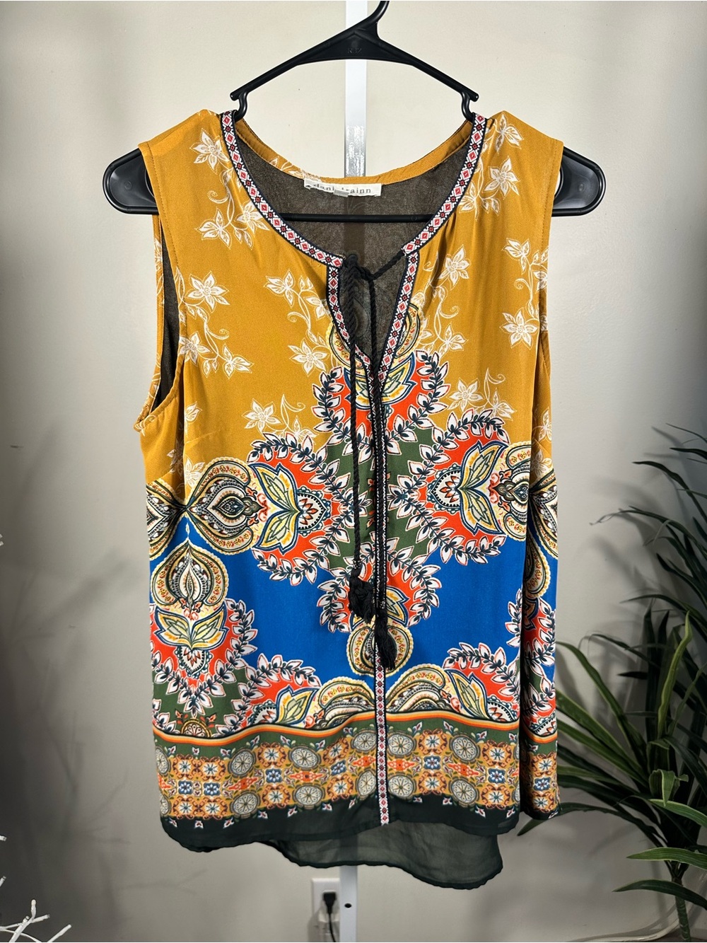 X344. Daniel Rainn- Sleeveless Boho Print Top - Mustard and Blue